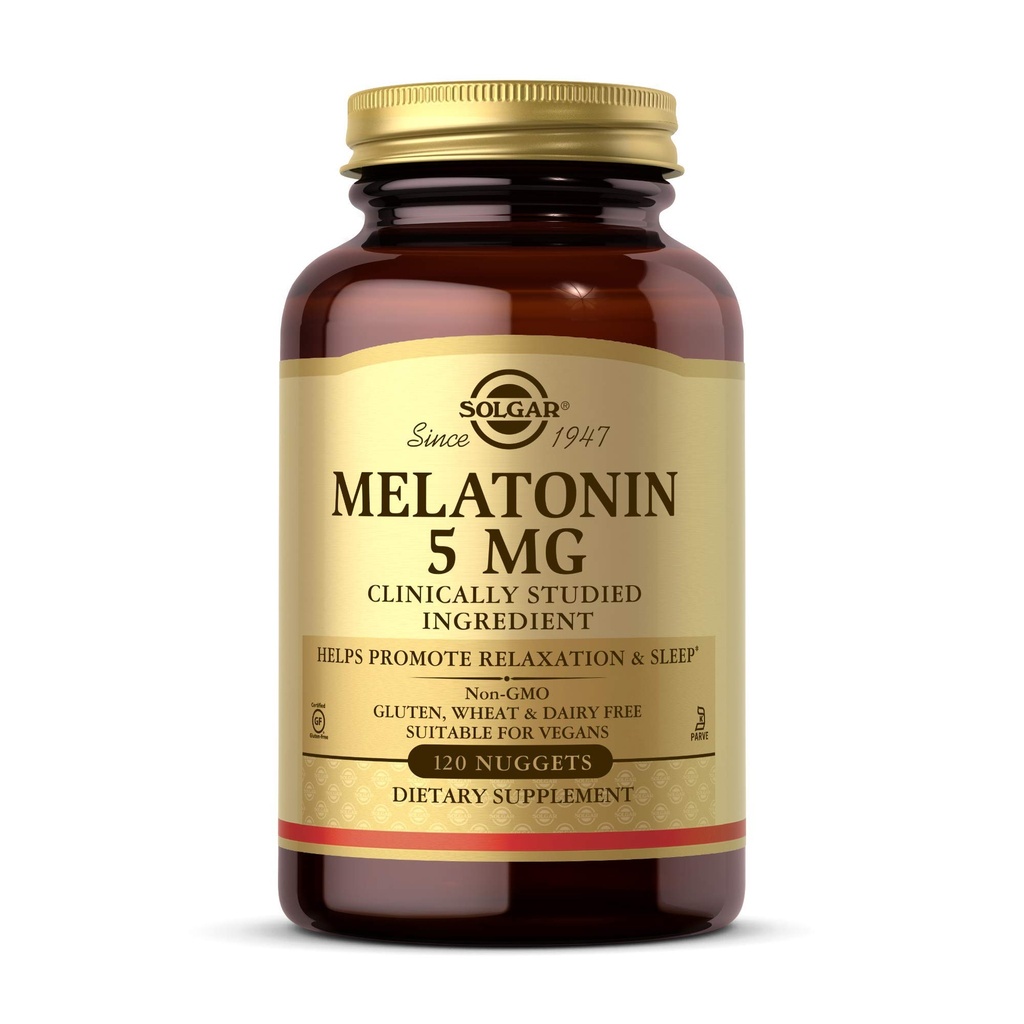 Solgar Melatonin 5 מ"ג, 120 Nuggets - מסייע לקדם את הירגעה ומנוחה - קלינית למד מלטונין - טבעוני, Gluten Free, חלב חינם, כשר - 120 משרתים
