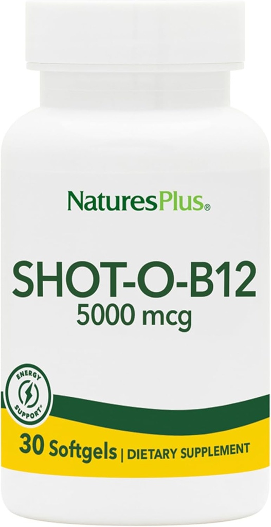 Natures Plus Shot-O-B12 (Cyanocobalamin) - 5000 mcg, 30 Softgels - High Potency, Fast Acting B12 - Memory & Energy Booster - Gluten-Free - 30 משרתים