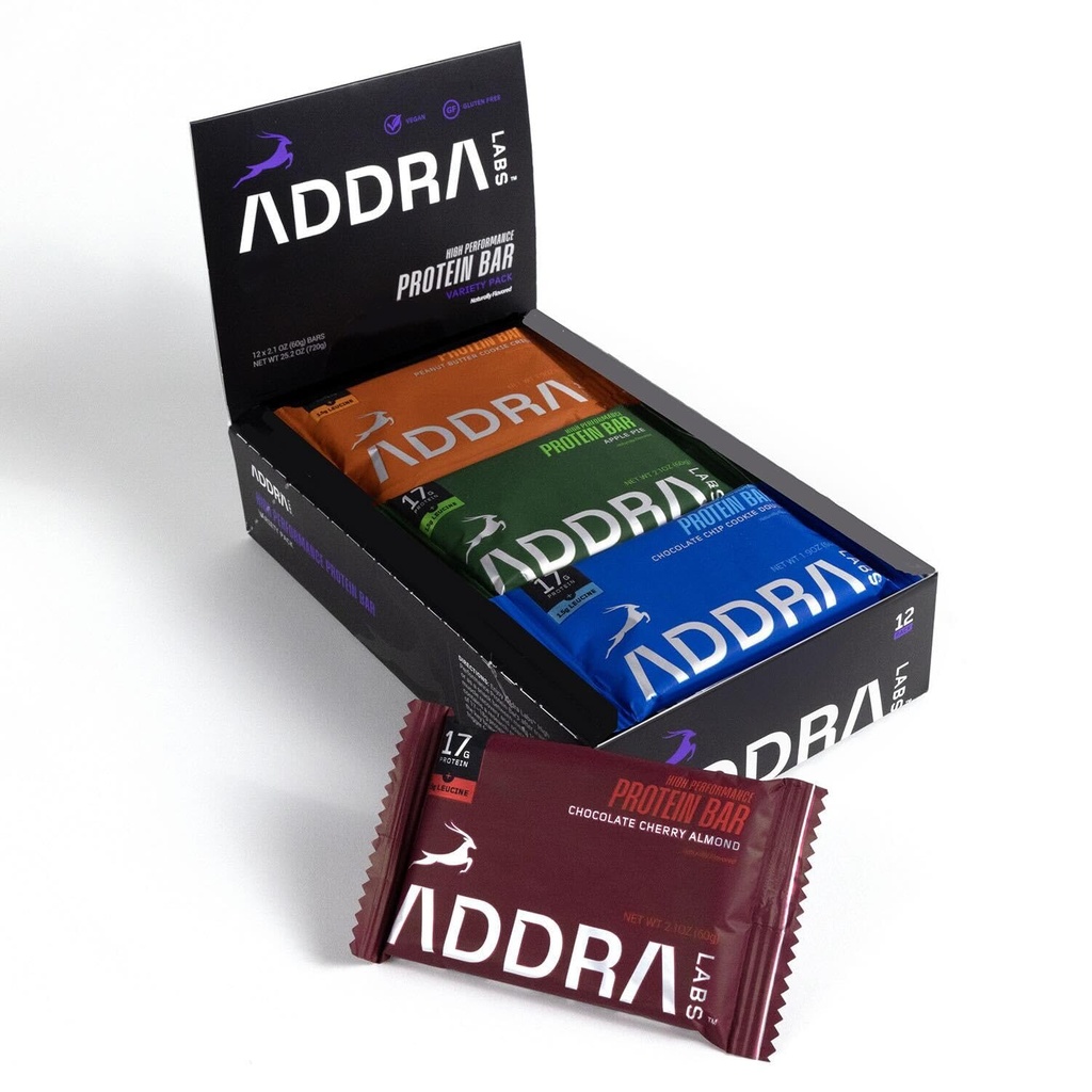 ADDRA חלבונים Bars - Gluten-Free, High-Protein שרירים Recovery Bars for Runners, 17g חלבונים + 1.5g BCAA Leucine, סוכר נמוך, טבעוני, מבוסס צמחים, וחלבונים, מעורב מקרה Variety Pack, 12-Pack