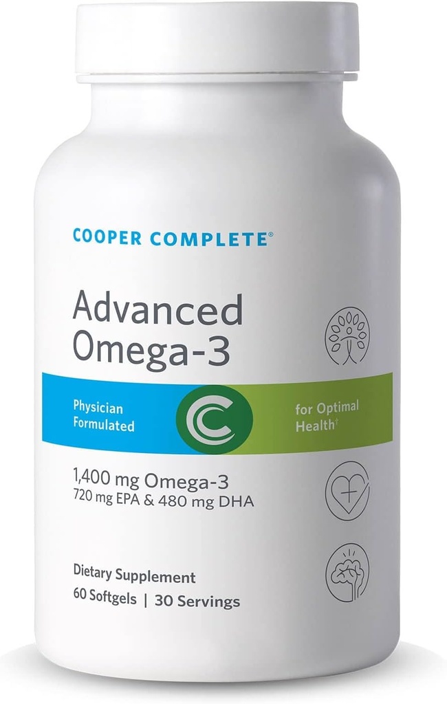 Cooper Complete - מתקדם אומגה 3 - תוספת שמן דגים, ריכוז EPA + DHA אומגה 3 חומצות שומן 1400 מ"ג - 60 Softgels לבקבוק. חבילה של 2