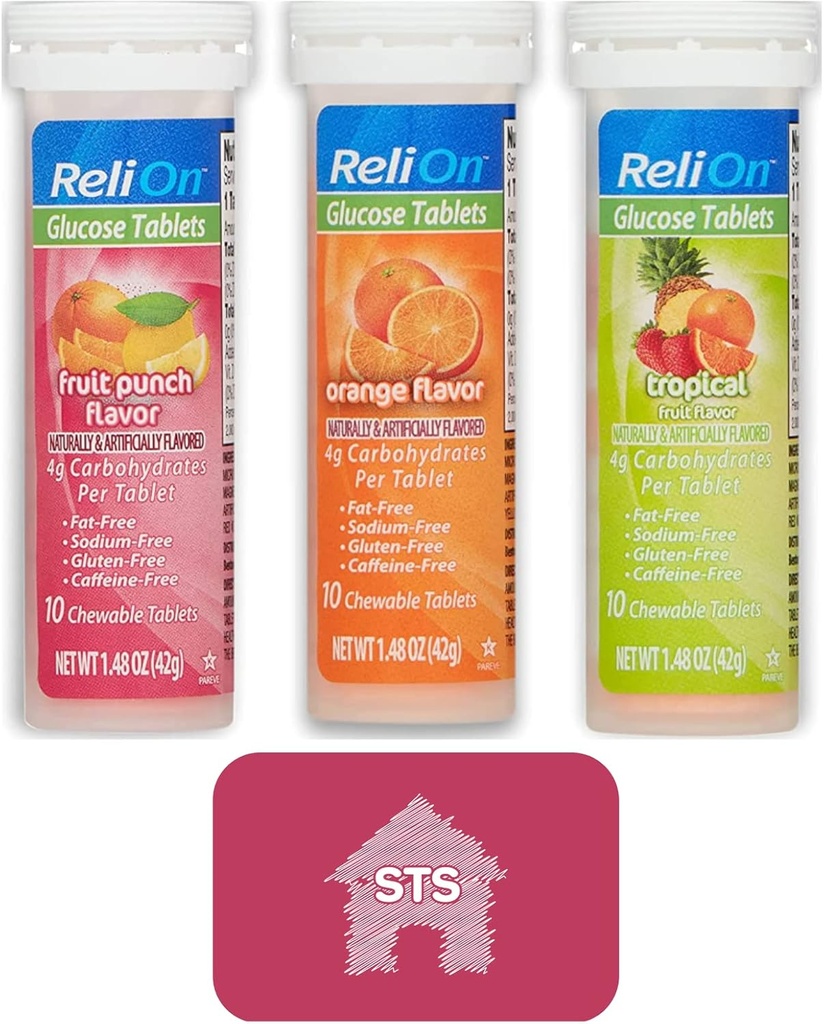 Relion Glucose Tablets (Mix Flavors) Orange, טרופי ופירות Punch - 30 טבליות + STS Sticker.