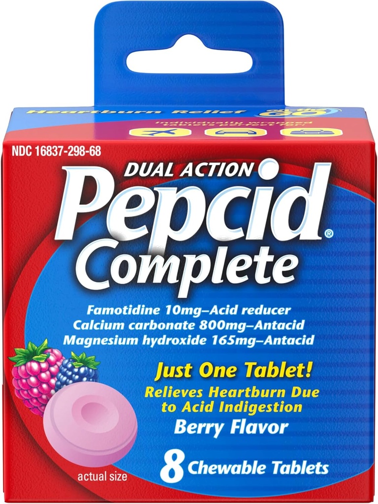 Pcid Complete Acidductionr + Antacid עבור Acid Reflux, 10 מ"ג Famotidine, 800 מ"ג Calcium Carbonate & 165mg Magnesium hydroxide per Heartburn Medicine Tablet, Antacid Chews, ברי, 8 ct