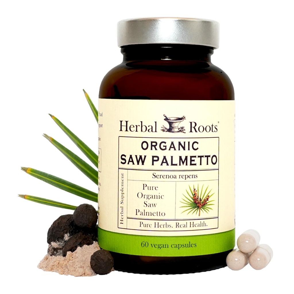 Herbal Roots אורגני Saw Palmetto קפסולות | 1,000 מ"ג לכל משרת | 60 קפסולות אורגניות