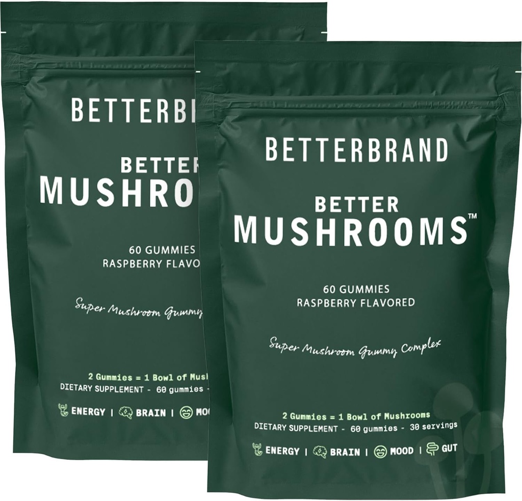 Betterbrand BetterMushrooms Nootropic Gummies - תמיכה טובה יותר לבריאות, פונקציונליות קוגניטיבית, בהירות נפשית עם 10 פונקציונלי Mushrooms - 60 מסטיק - Raspberry Flavor - חבילת של 2