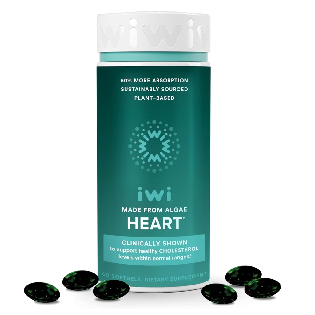 Iwi Life Heart אומגה 3, 60 Softgels (30 משרתים), טבעוני צמחי מבוסס Algae אומגה שומן Acids + EPA, Heart Health Support Dietary Supplement, קריל & Fish שמן אלטרנטיבי, No Fishy Aftertaste