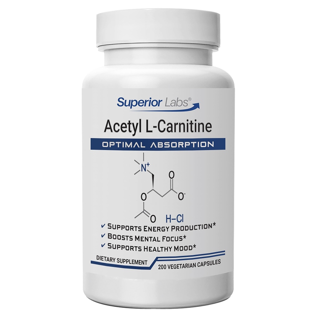 Top Labs Acetyl L-Carnitine 500 מ"ג, High Potency ALCAR, Pure non-GMO, Zero Synthetic Additives, מקסימום Absorption, Energy & Fat Metabolism, Brain, Nerve & Detox תמיכה (200 Vegs Capitives)