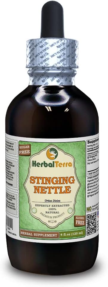 Sting Nettle (Urtica Dioica) Glycerite, אורגני Dried Leaves Alcohol-Free Liquid Extract (שםBrand: HerbalTerra, Proly Made in USA) 4 fl.oz (120 מ"ל)