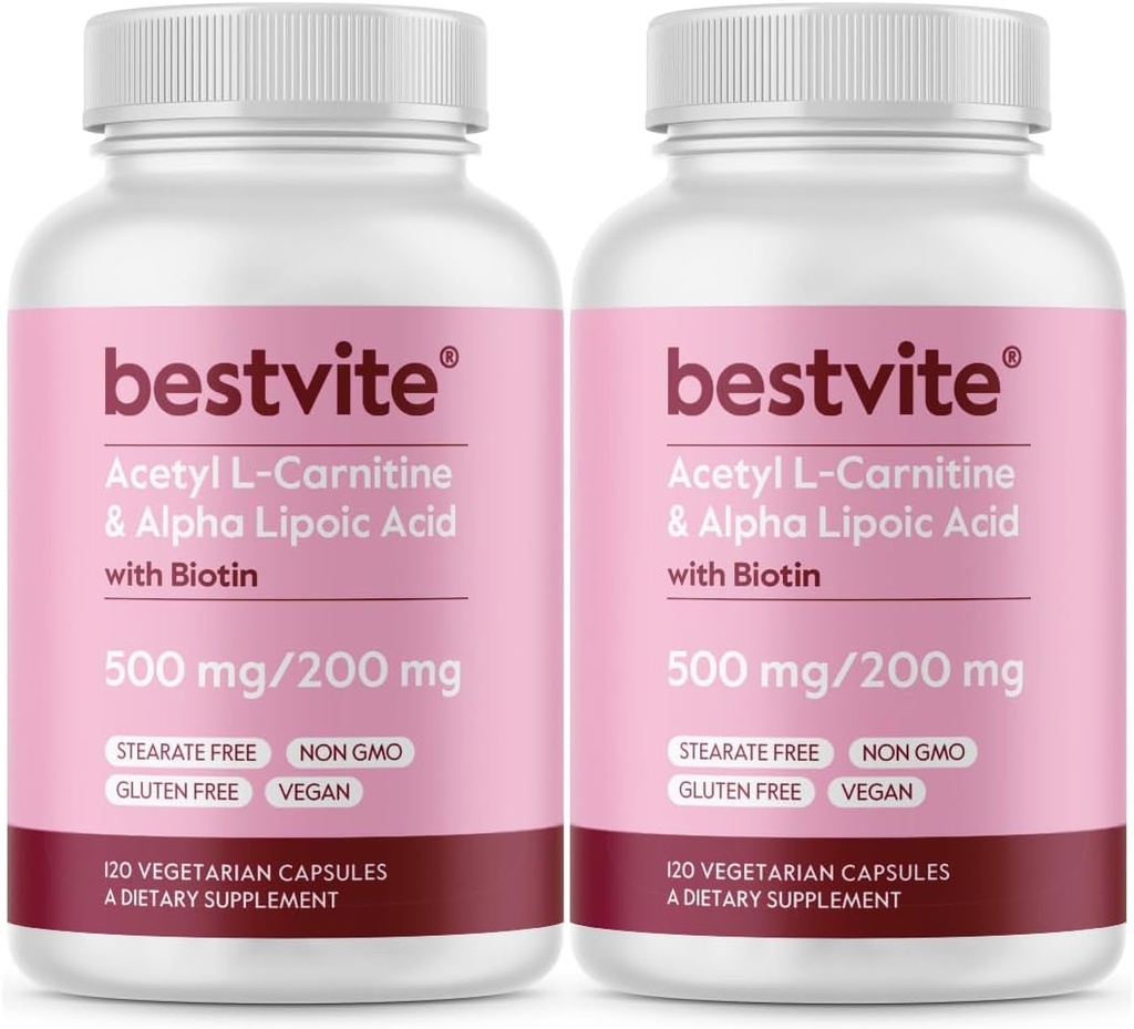 BestVITE Acetyl L-Carnitine 500 מ"ג ו-Alpha Lipoic Acid 200 מ"ג לקפסולה עם ביוטין (240 קפסולות צמחוניות) (120 x 2) - No Stearates - טבעוני - Non GMO - Gluten Free Gluten Freeten Freeten Free Gluten Freeten Freeten