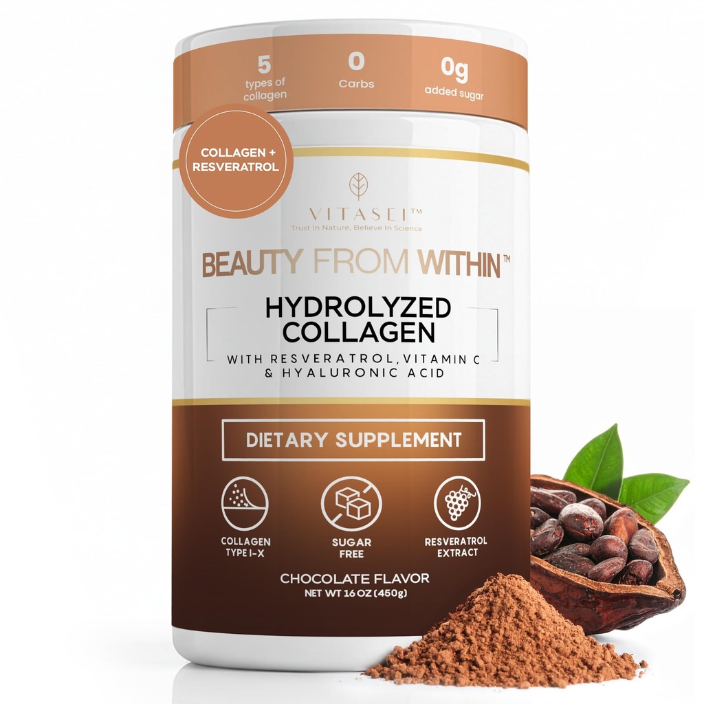 hydrolyzed Collagen Peptides אבקת עם ויטמין C & Resveratrol - שיער, עור וציפור ויטמינים לנשים וגברים - עצם ותוסף משותף - שוקולד פלמורד - 16 oz