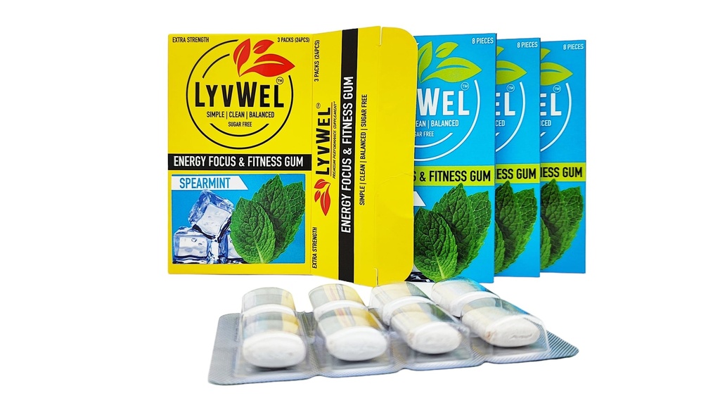 LyvWel Energy Gum | 80 מ"ג Caffeine + 50 מ"ג טאורין לכל פנינה | All Natural | סוכר חינם טרום-Workout Boost: Your Essential Energy Supplement to Stay Wake (Spearmint, 3 Pack)