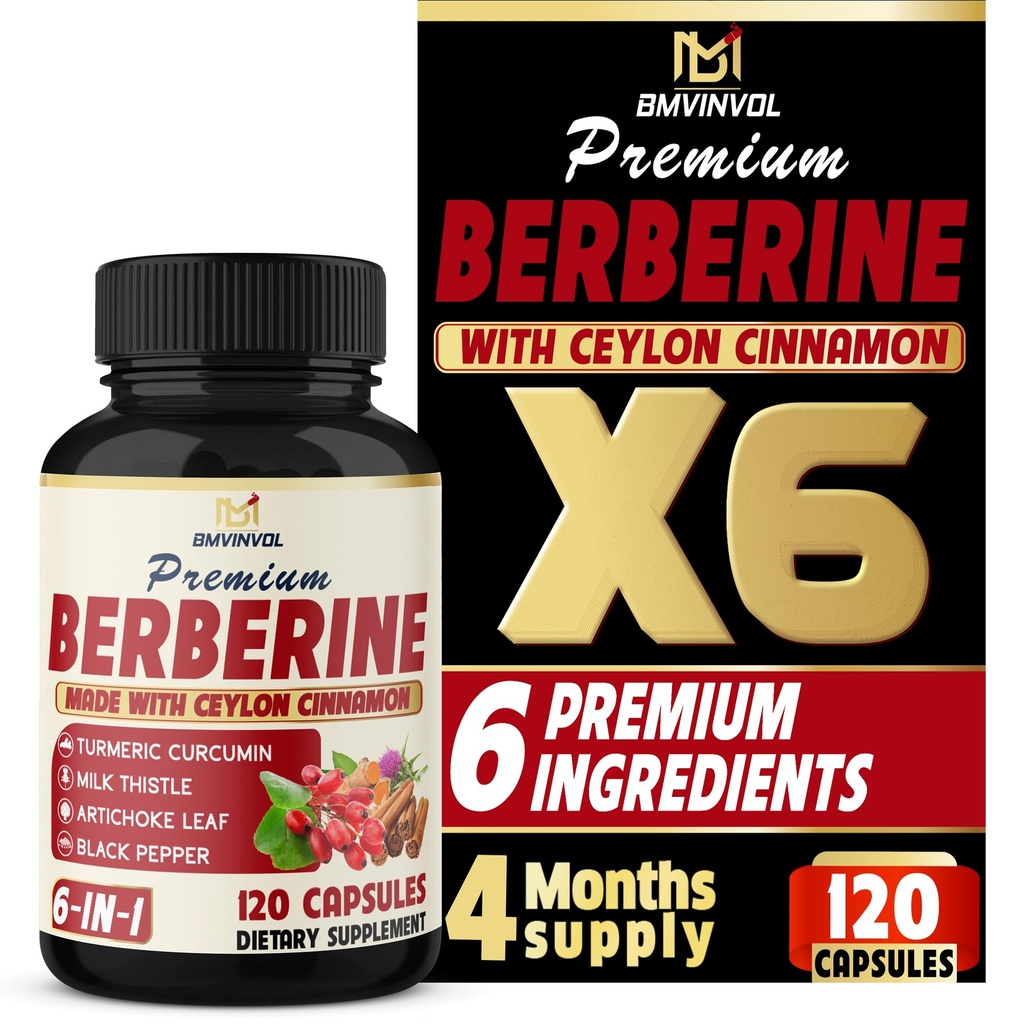 BMVINVOL 6in1 Berberine תוסף עם Ceylon Cinnamon, Tumeric Root, Milk Thistle, Artichoke, Black Pepper -120 קפסולות במשך 4 חודשים אספקה
