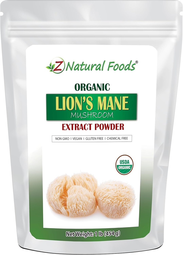 Z Natural Foods Organic Lion's Mane Mushroom אבקת, אבקת ויטמין-Rich Superfood, Perfect for Tea and Smoothies, Non-GMO, טבעוני, Gluten-Free, כשר, 1 lb.