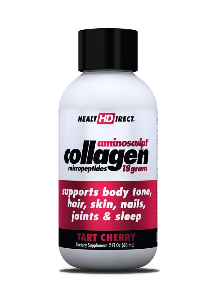 HEALTH DIRECT - Air-Grade Liquid Collagen Shots - AminoSculpt Sugar-Free - Tart Cherry - 12 משרתים, (12pk, 2oz Shots) - Good for Joints, Bones, & Sleep - Better Hair, Skin & Nails