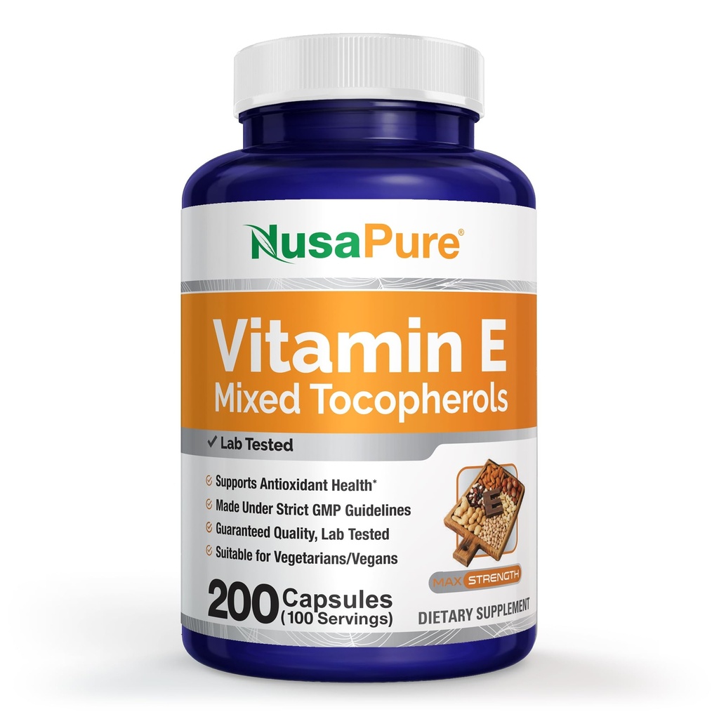NusaPure ויטמין E 1000 IU 200 טבליות (Non-GMO, Gluten-Free) - מעורבים Tocopherols