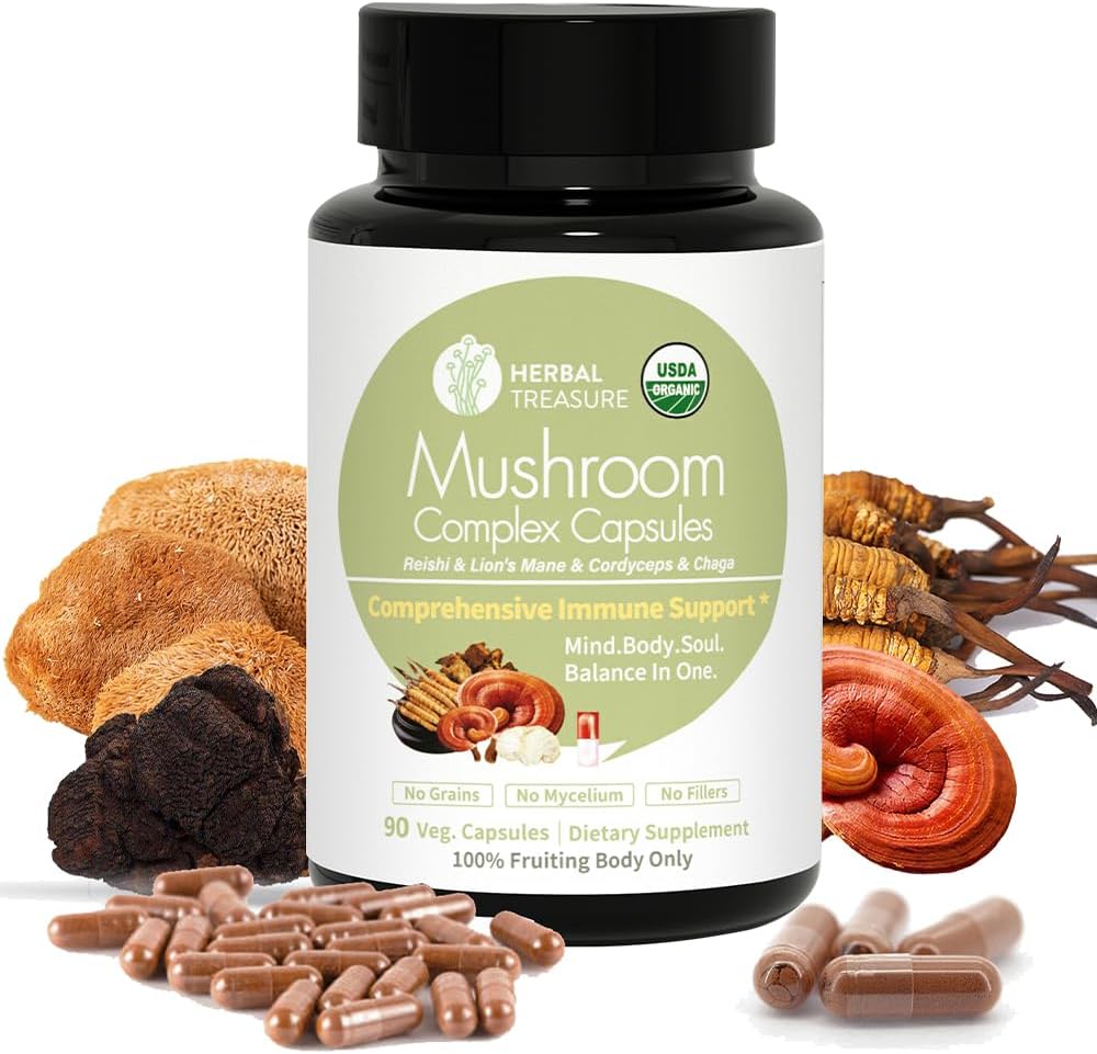 Herbal אוצר 4 ב 1 Mushroom מורכב תוסף, הסתגלות עם אריה של מני, Reishi, Chaga ו Cordyceps Mushroom, אורגני Mushroom לחלץ 90 Caps Caps