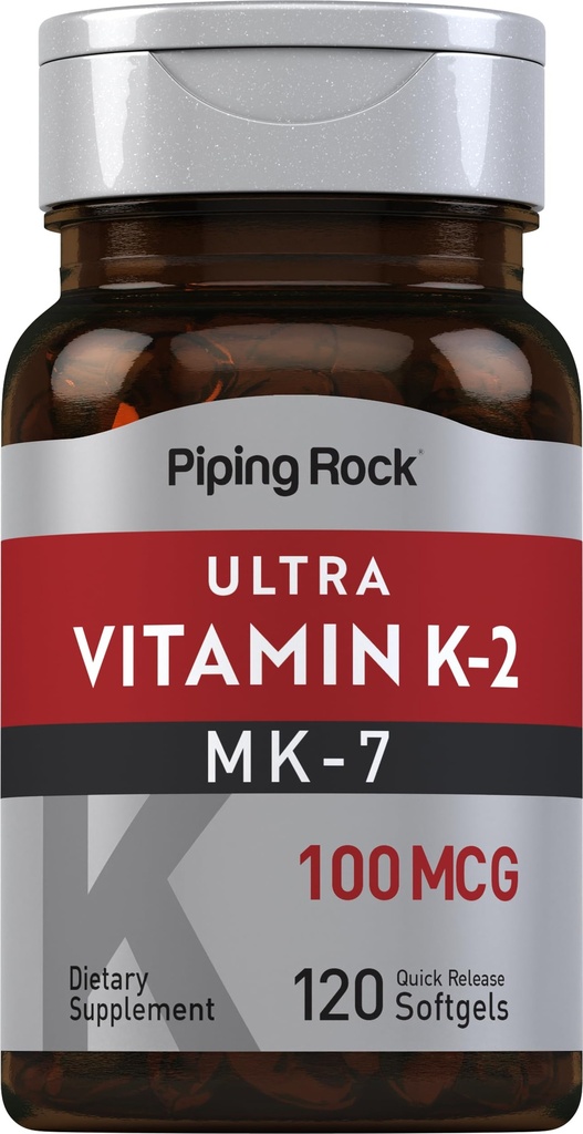 Piping Rock ויטמין K2 MK7 | 100 mcg | 120 Softgels | Non-GMO, Gluten Free Supplement