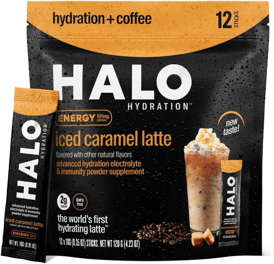 HALO Iced Karamel Latte - אבקת משקאות אנרגיה - תערובת קפה בריאה עבור הידרה עם אלקטרוליטים, Caffeine, ויטמינים ומינרלים - 20 קלוריות - Keto ו Low Calorie - 1 x 12 Sticks