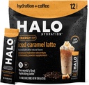 HALO Iced Karamel Latte - אבקת משקאות אנרגיה - תערובת קפה בריאה עבור הידרה עם אלקטרוליטים, Caffeine, ויטמינים ומינרלים - 20 קלוריות - Keto ו Low Calorie - 1 x 12 Sticks