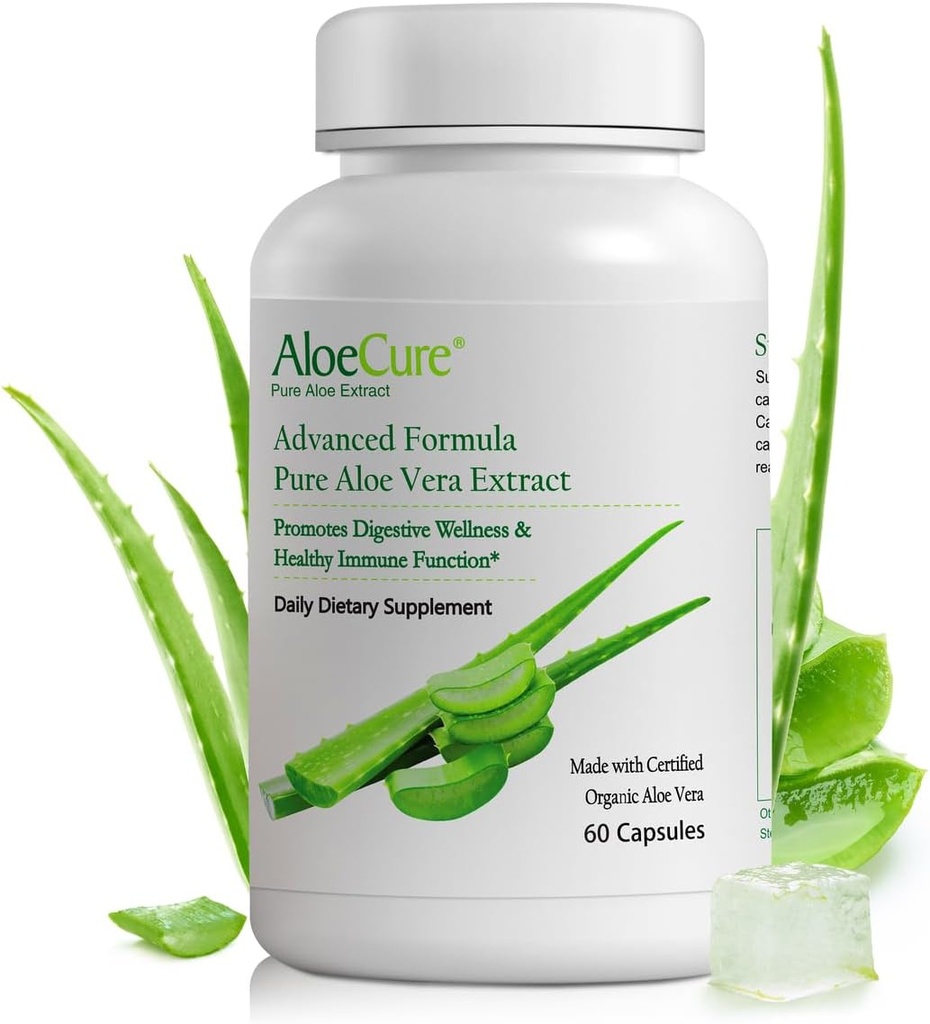 AloeCure אורגני Aloe Vera קפסולות, 130,000 מ"ג פנימי Aloe Leaf Equivelant לכל המשרת, תמיכה בבריאות ובנוחות העיכול, Stomach Acid Buffer, Natural Immune, Aloin חינם, 60 קפסולות