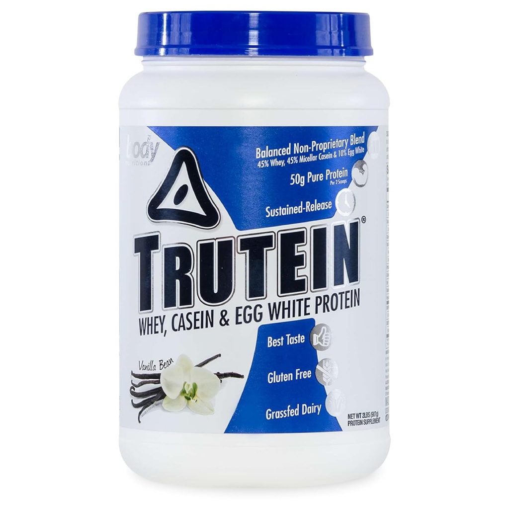 אבקת חלבון גבוהה גוף Trutein גבוה חלבון אבקה: 45% Whey, 45% מקרהין, 10% ביצה לבן שקד Mix, Gluten-Free Sodium, Low Carb חלבון אבקת עבור גברים ונשים, Vanilla Bean, 2lb