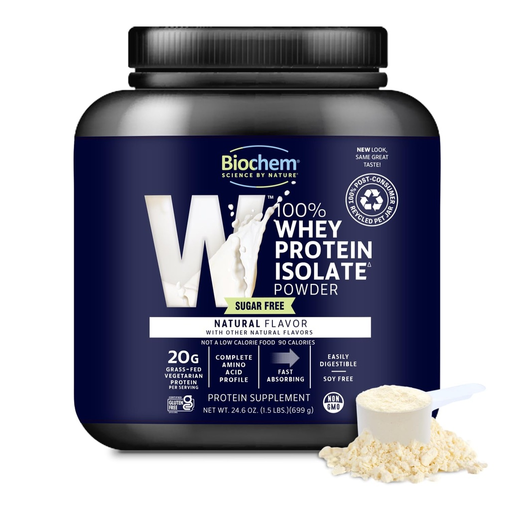 Biochem 100% Whey Isolate אבקת חלבון - Grass פד, Low Carb, Keto-Friendly, non-GMO, Gluten-Free - תומך בריאות החיסון ושרירים התאוששות 20g חלבון Vegetarian לשרת - Natural Flavor, 1.5lbליבר טבעי, 1.5lb