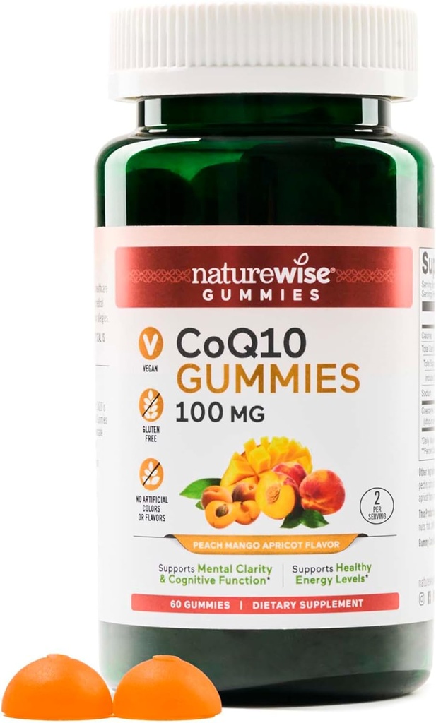 NatureWise CoQ10 Gummies 100 מ"ג - Peach מנגו פלפור - תוספת עבור Heart Health & Antioxidant פעילות - Pectin- Based, טבעוני, סויה וגלוטן חינם, Non-GMO - ספירה 60[1-מונטה אספקת]