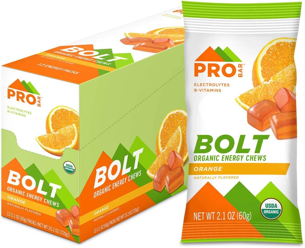 ProBAR - BOLT Organic Energy Chews, Orange, Non-GMO, Gluten-Free, USDA Certified אורגני, בריאות, אנרגיה טבעית, חניכיים דלק מהיר עם ויטמינים B & C (12 Count)
