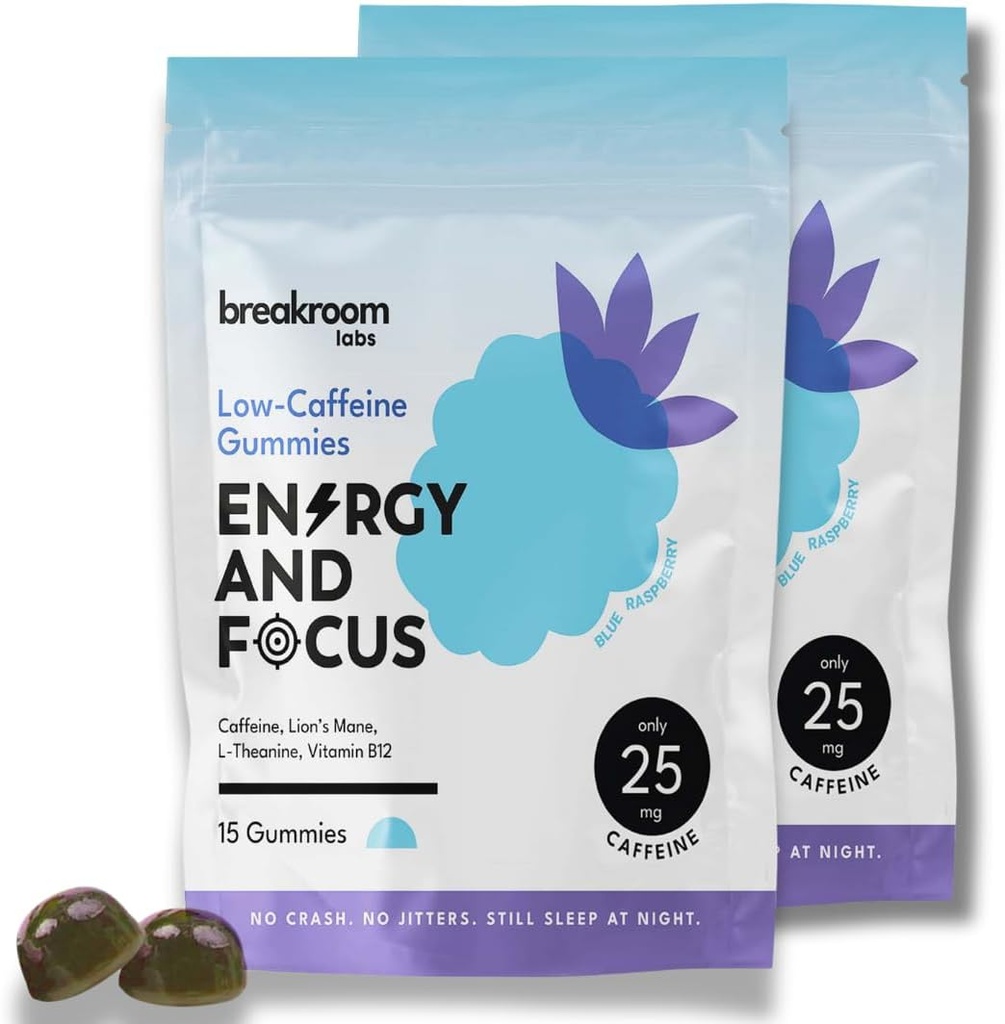 Breakroom Labs Energy and Focus Gummies - Low Caffeine 25 מ"ג W/L-theanine, Lions Mane, ויטמין B12 - Nootropic Brain Supplement for Adults, Kids - Vegan, Low Sugar, Blue Raspberry Flavor, 30 משרתים
