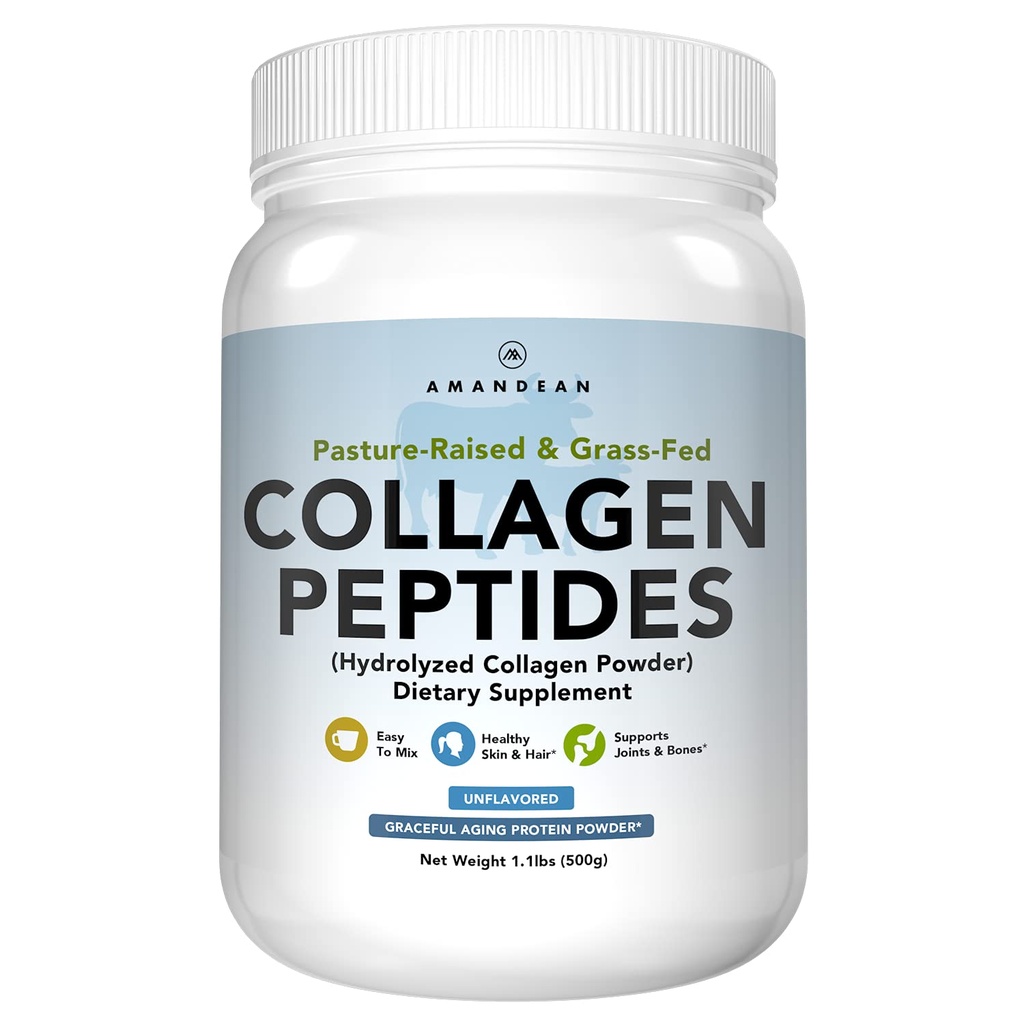AMANDEAN Collagen Peptides אבקת (17.6oz). תוספת חלבון של Grass-Fed hydrolyzed. מקדם זוגות בריאים, עור, שיער, ריחות. לא משועבד וקל לתערובת.