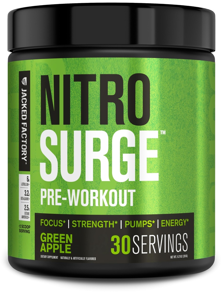 ג'קד מפעל NITROSURGE Pre Workout תוסף - אנרגיה אינסופית, מקבלי כוח מיידי, Clear Focus, Intense Pumps - NO Booster & Powerful Preworkout אנרגיה - 30 משרתים, Apple ירוק