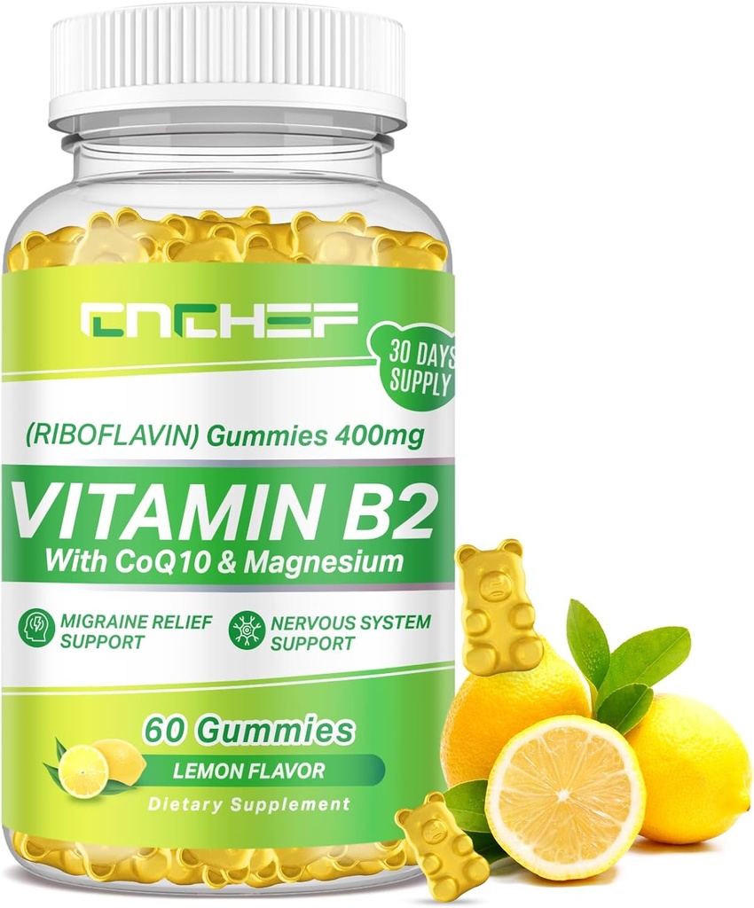 ויטמין B2 חניכיים למבוגרים וילדים - Riboflavin 400 מ"ג תוספת עם Magnesium Glycinate & CoQ10, תמיכה Migraine Relief & Nervous System, Boost Energy, סוכר חינם טבעוני B2 מסטיק לימון פלמורור