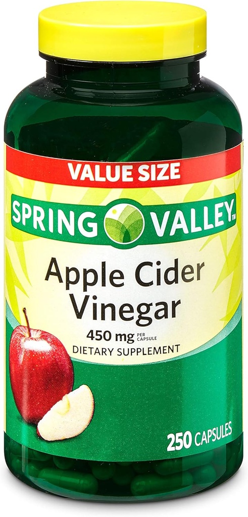 Apple Cider Vinegar, 450 מ"ג, 250 קפסולות ערך גודל | תוספת תזונתית | סוכר חינם, סוכר חינם, Lactose חינם | Apple Cider Vinegar by Spring Valley