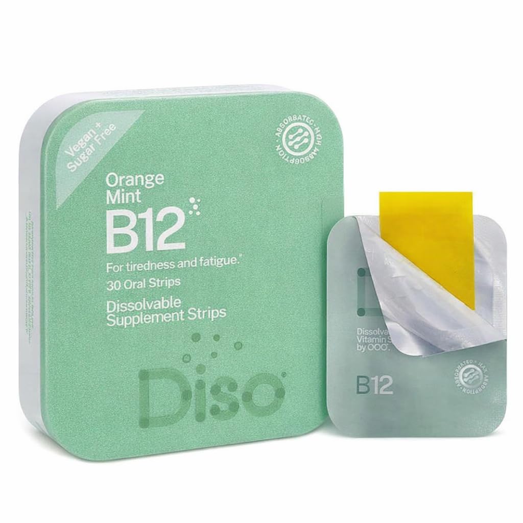 DISO - ויטמין B12 - Fast-Disshoot Oral Strips, עבור עייפות ו Fatigue, כתום Mint Flavor, טבעוני, סוכר חינם, מקסימום Absorption, Gluten Free, Individually Wrap, 30 פסים בלתי פתורים