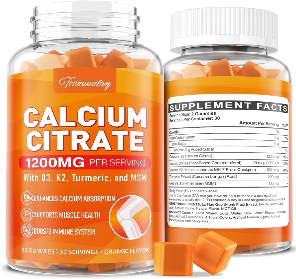 Calcium 1200 מ"ג עם ויטמין D3 חניכיים למבוגרים: Absorption Calcium Citrate עם ויטמין D3 K2, Turmeric Extract, MSM לנשים