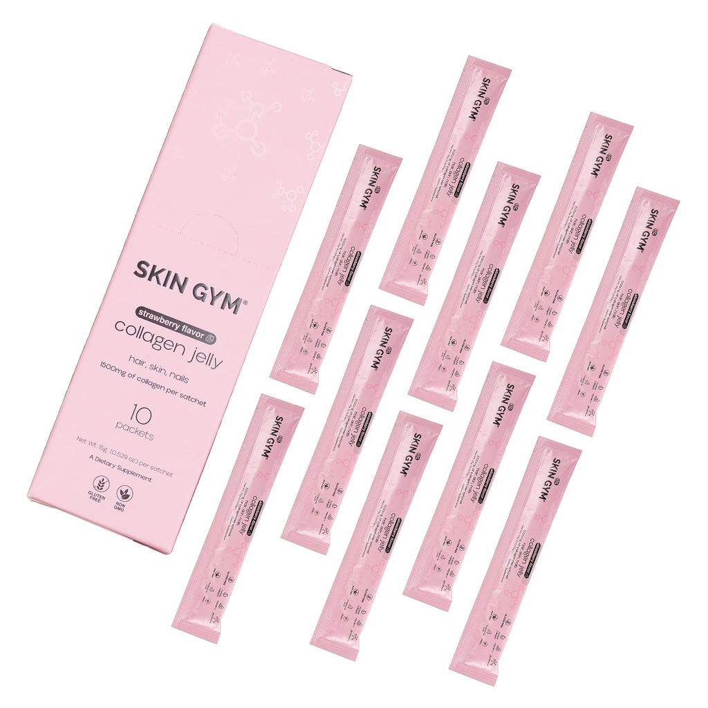 Skinהתעמלות Collagen Jelly 10Pack, Marine Collagen, ויטמין C & Hyaluronic Acid, Daily Beauty Supplement for Hair, Skin & Nails, Strawberry Flavor, 10 Pack