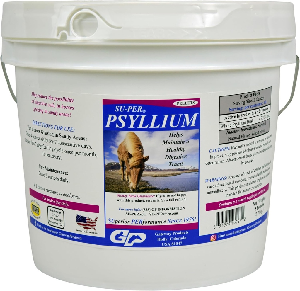 SU-PER Psyllium Pellets Equine תוסף - שומר על טריקט בריא בסוסים - תומך הסרת חול ו Dirt מ intestinal Tract - 5 פאונד, 1 חודש אספקה