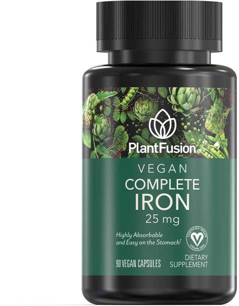 PlantFusion Vegan תוספת של, Premium Plant Based Iron Supplements for Women and Men (25 מ"ג), Plus Folate & B12, 90 קפסולות Veggie