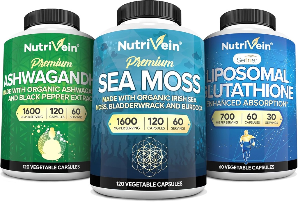Nutrivein Premium Sea Mosss כמוסות, Ashwgandha, Liposomal Glutathione תוסף Bundle: Sea Mos, מופחת Glutathione, & Ashwagandha תוספי עבור Immunity, Mood, Digestion, & Detox