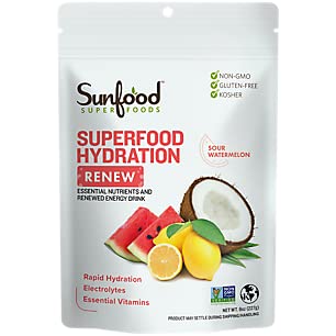 Sunfood Superfood hydrotion Renew קוקוס אבקת מים, אבקת אלקטרוליטים עם לימון, מלח ים ומינרלים, משקה אלקטרוליט אורגני לערבב - 8 oz Bag