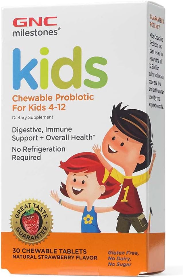 GNC Milestones Kids Chewable Probiotic for Kids 4-12, 30 טבליות Chewable, תומך במערכת העיכול והחיסון