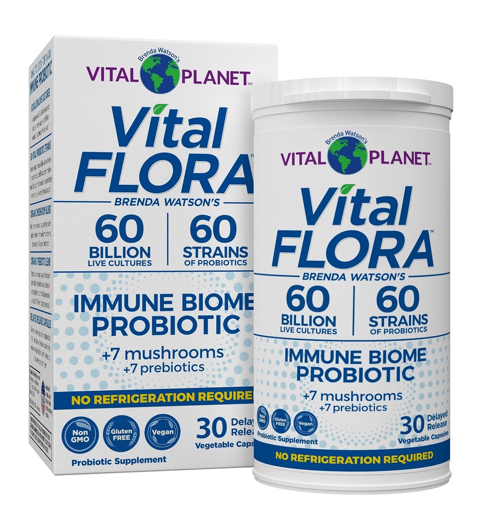 Vital Planet - Vital Flor Immune תומך Probiotic, 60 מיליארד CFU, 60 Diverse סטרינס, 7 אורגני Mushroom תוספת תערובת עם Prebiotics, Shelf Stable Digests 30 קפסולות