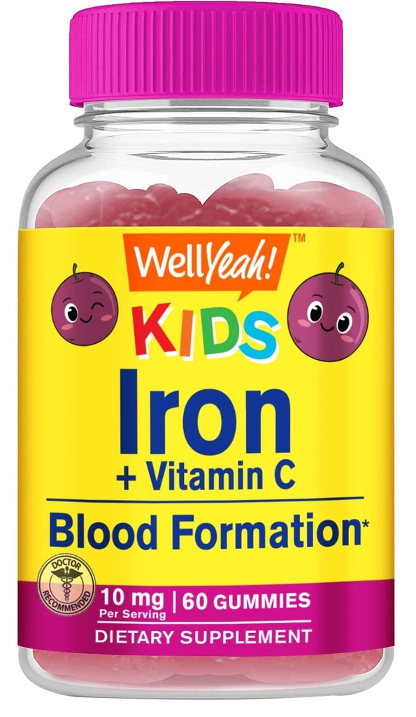 WellYeah Iron Gummies for Kids with Vitamin C - Anemia Support, Red Blood Cell Formation, Energy, and Immunity Support Gummy, Iron Supplements for Kids - GMO Free, Natural Grape Flavor - 60 Count
