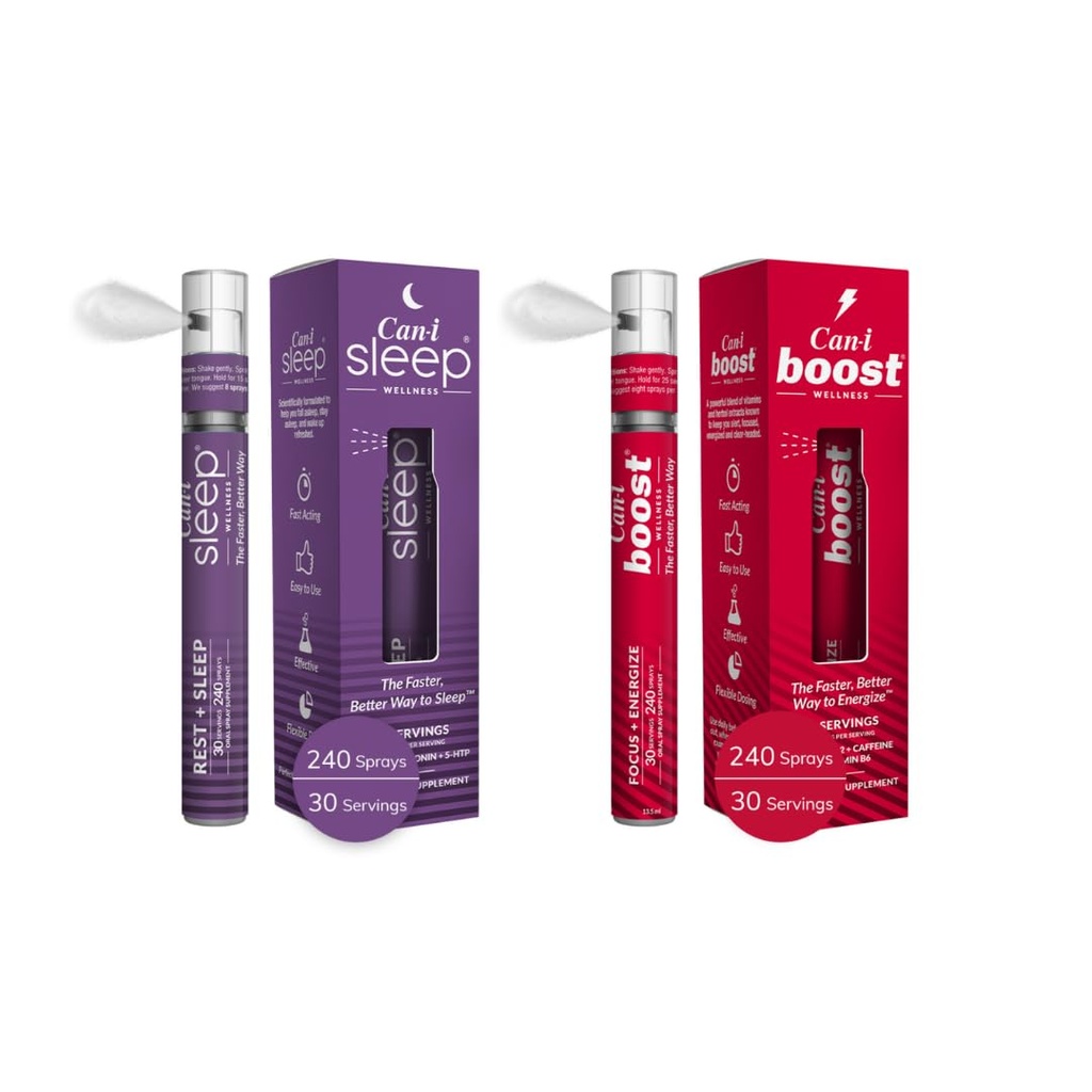 Can-i Wellness Fast-Acting Oral Spray Bundle - תוסף שינה טבעי עם Melatonin ו- GABA, Daily Energy Support with B12, Ubiquinol וקפאין - פורמולה טבעונית, Portable, Travel-Friendly Sprayly Spray.