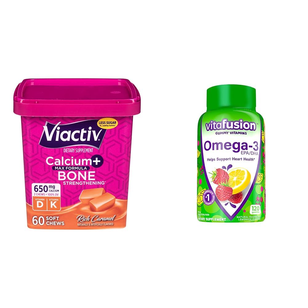Viactiv Calcium Chews & Vitafusion אומגה 3 Gummy ויטמינים Bundle - 60 Calcium Chews לבריאות העצם + 120 אומגה 3 חניכיים לבריאות הלב