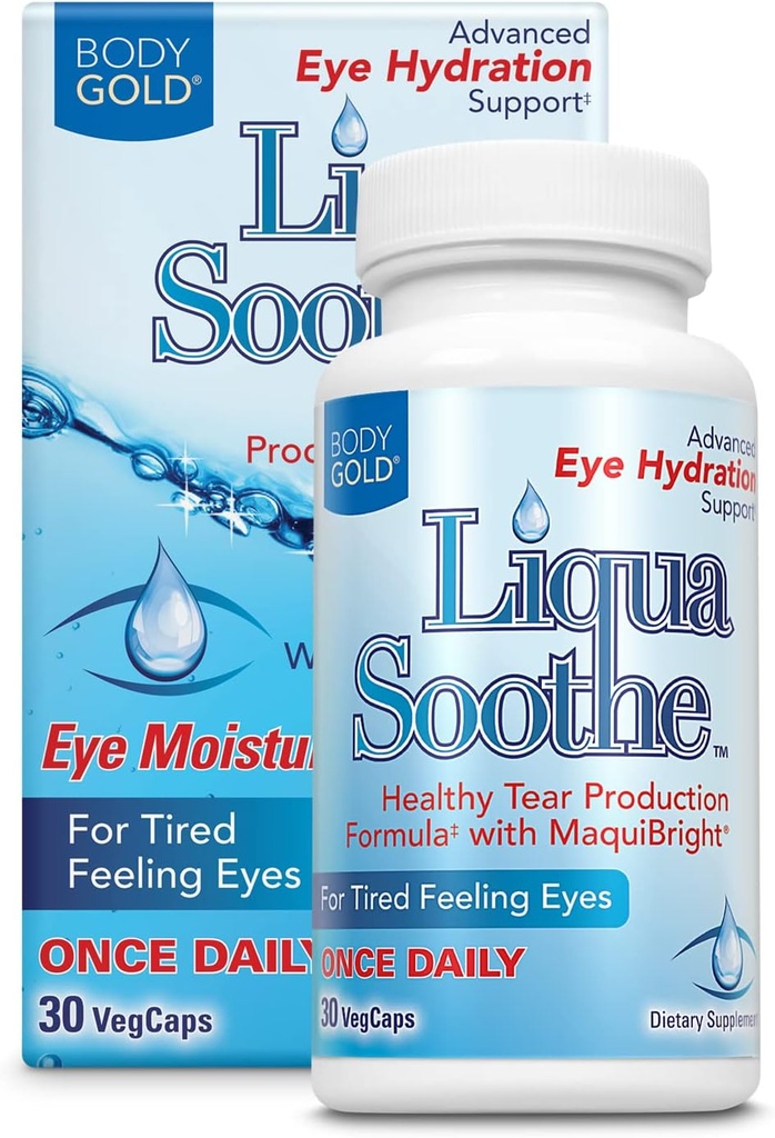גוף זהב Liqua Soothe עין בריאות תוספת, ייצור תה בריא פורמולה עבור עיניים יבשות, עייפות, w/MaquiBright, ויטמין A, Lutein ו Hyaluronic Acid, 60 יום ערבות, 30 משרת, 30 VegCaps