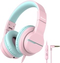 iClever HS19 Kids Headphones with Microphone for School, Safe Volume Limited, Over-Ear Girls Boys Headphones for Kids with Shareport, Fold Wired for iPad/Travel (Pink)