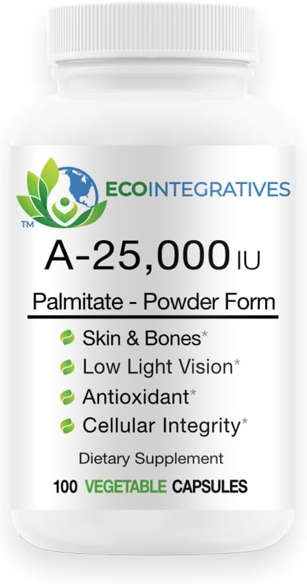 A-25,000 IU Palmitate אבקת טופס (100 קפסולות) Non-GMO, תומך אור נמוך חזון, תמיכה במזל, גידול תאי של Skin & Bones, Antioxidant (Standard)