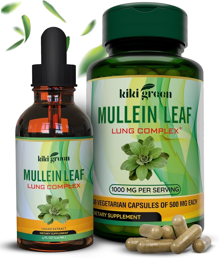 KIKI גרין מולליין קפסולות & נוזל טיפות Bundle - מולליין Leaf Extract תוספי מזון, 90 קפסולות + 2 fl oz - עבור הנשימה ותמיכה חסינות, Better Lung function, Lung Cleanse & Relief