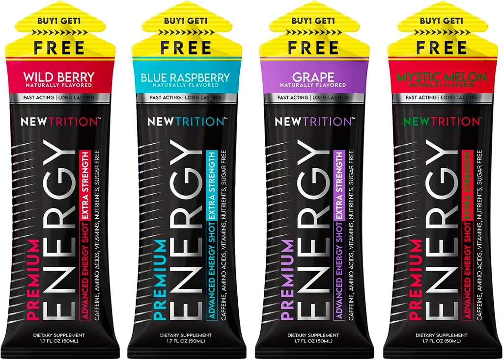 NewTrition® Extra Power Shots, 250mg Caffeine אנרגיה עם ויטמין B & Amino Acids, Sugar-Free ויטמין Energy Shot, Zero Calorie Focus & Sta Booster, 1.7 floz (Pack of 4, 4 Flavors-Mixed-1)