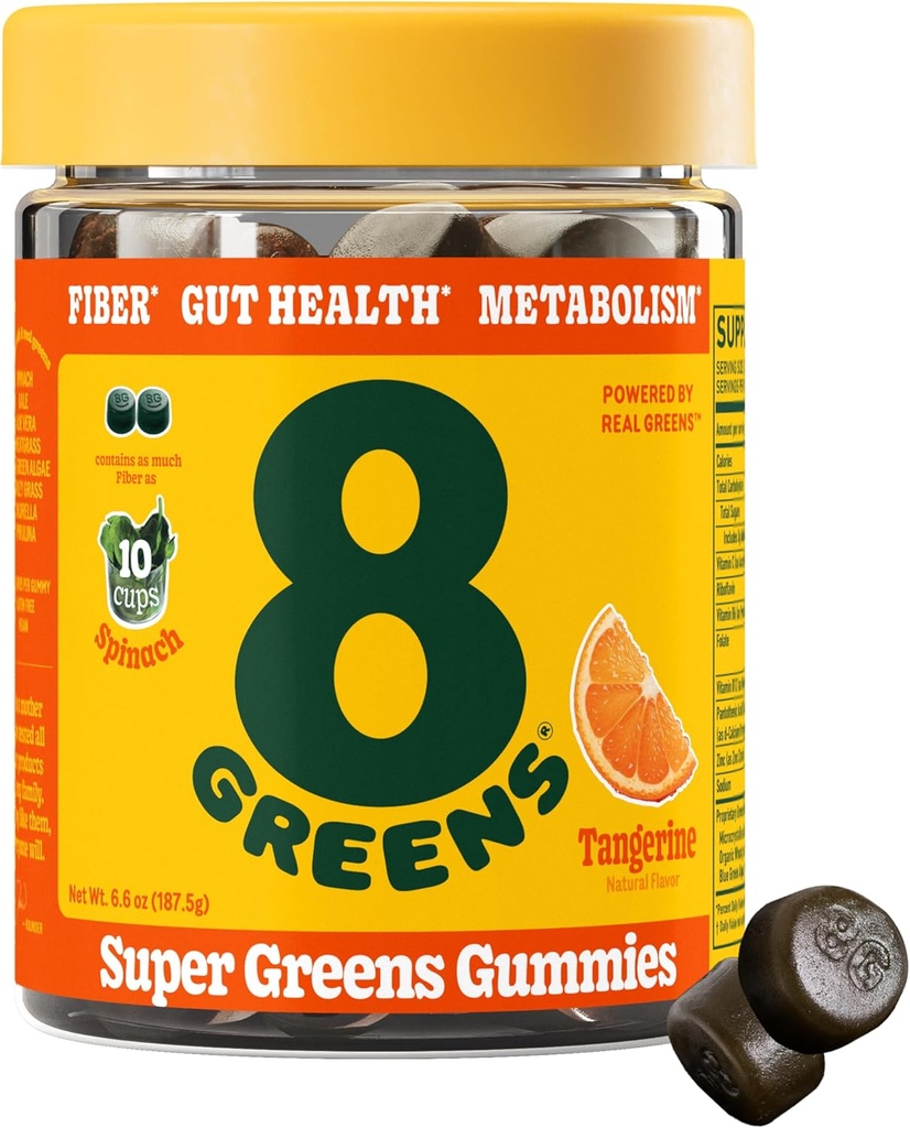 8 Greens סיבים Super Greens Gummies | סיבים, Gut Health, Metabolism בריאות עיכול, Boost Immune System & Digestive Health עם 8 Real Greens - Non-GMO Formula, Gummy, Tangerine Flavor, 50 Count